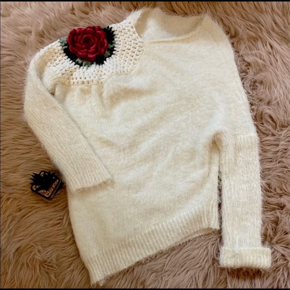 Crochet Rose Shoulder Fuzzy Sweater